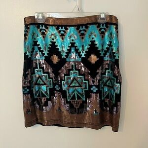 NWT Small Sequin Gold Turquoise and Black Mini Skirt Boho Vibe